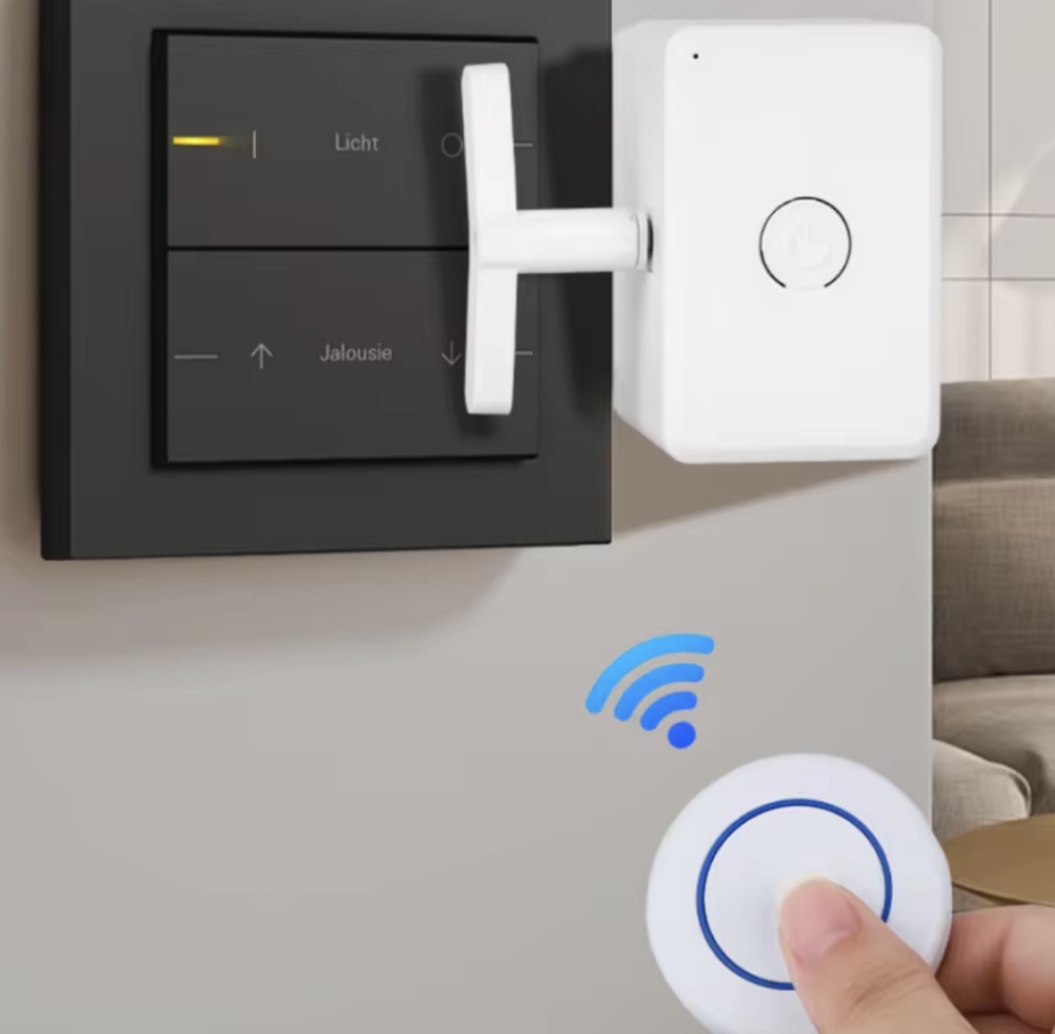 SwiftSwitch clipped onto a wall switch with wireless remote